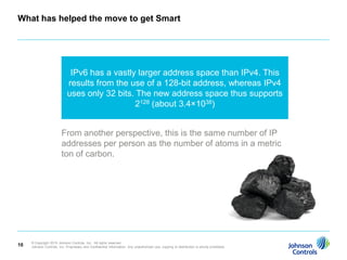What has helped the move to get Smart




                              IPv6 has a vastly larger address space than IPv4. This
                             results from the use of a 128-bit address, whereas IPv4
                             uses only 32 bits. The new address space thus supports
                                               2128 (about 3.4×1038)


                         From another perspective, this is the same number of IP
                         addresses per person as the number of atoms in a metric
                         ton of carbon.




     © Copyright 2010 Johnson Controls, Inc. All rights reserved.
10   Johnson Controls, Inc. Proprietary and Confidential Information. Any unauthorized use, copying or distribution is strictly prohibited.
 
