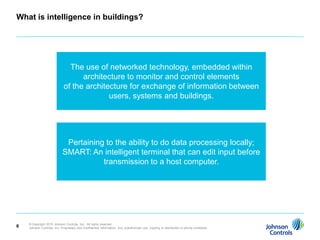 What is intelligence in buildings?




                                The use of networked technology, embedded within
                                    architecture to monitor and control elements
                              of the architecture for exchange of information between
                                            users, systems and buildings.




                              Pertaining to the ability to do data processing locally;
                             SMART: An intelligent terminal that can edit input before
                                        transmission to a host computer.




    © Copyright 2010 Johnson Controls, Inc. All rights reserved.
6   Johnson Controls, Inc. Proprietary and Confidential Information. Any unauthorized use, copying or distribution is strictly prohibited.
 