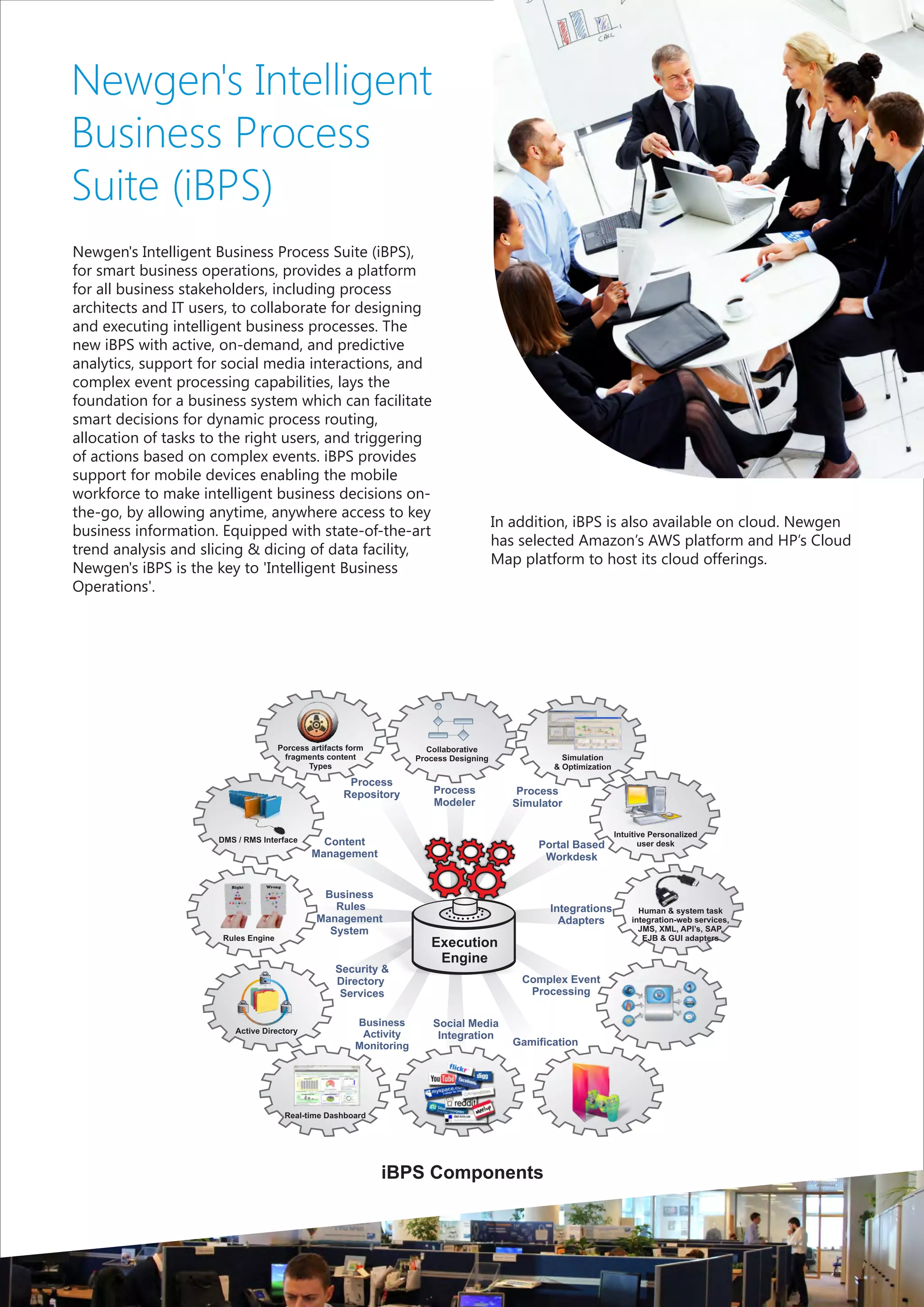 Newgen's Intelligent
Business Process
Suite (iBPS)
Newgen's Intelligent Business Process Suite (iBPS),
for smart business operations, provides a platform
for all business stakeholders, including process
architects and IT users, to collaborate for designing
and executing intelligent business processes. The
new iBPS with active, on-demand, and predictive
analytics, support for social media interactions, and
complex event processing capabilities, lays the
foundation for a business system which can facilitate
smart decisions for dynamic process routing,
allocation of tasks to the right users, and triggering
of actions based on complex events. iBPS provides
support for mobile devices enabling the mobile
workforce to make intelligent business decisions on-
the-go, by allowing anytime, anywhere access to key
                                                                                         In addition, iBPS is also available on cloud. Newgen
business information. Equipped with state-of-the-art
                                                                                         has selected Amazon’s AWS platform and HP’s Cloud
trend analysis and slicing & dicing of data facility,
                                                                                         Map platform to host its cloud offerings.
Newgen's iBPS is the key to 'Intelligent Business
Operations'.




                                     Porcess artifacts form            Collaborative
                                      fragments content              Process Designing               Simulation
                                            Types                                                  & Optimization

                                                      Process
                                                     Repository          Process             Process
                                                                         Modeler            Simulator

                                                                                                                    Intuitive Personalized
                     DMS / RMS Interface       Content                                          Portal Based               user desk
                                             Management                                          Workdesk


                                               Business
                                                 Rules                                            Integrations            Human & system task
                                              Management                                            Adapters            integration-web services,
                                                System                                                                    JMS, XML, API’s, SAP,
                      Rules Engine                                                                                         EJB & GUI adapters
                                                                        Execution
                                                                         Engine
                                                   Security &
                                                   Directory                                 Complex Event
                                                    Services                                  Processing

                                                        Business         Social Media
                         Active Directory                Activity         Integration
                                                        Monitoring                          Gamification




                                      Real-time Dashboard




                                                              iBPS Components
 