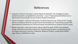 References
• Vignesh S, Shivani Priyanka C, Shree Manju H, Mythili K “An Intelligent Career
Guidance System using Machine Learning “. 2021 7th International Conference on
Advanced Computing & Communication Systems (ICACCS)
• TanyaVYadalam,Vaishnavi M Gowda,Vanditha Shiva Kumar, Disha Girish “Career
Recommendation Systems using Content based Filtering” Proceedings of the Fifth
International Conference on Communication and Electronics Systems (ICCES 2020)
• Manar Qamhieh, Haya Sammaneh, Mona Nabil Demaidi “PCRS: Personalized
Career-Path Recommender System for Engineering Students. Supported by the
An-Najah National University, Palestine, Research Project, under grant ANNU-
1920-Sc004. Published on 2020.
 