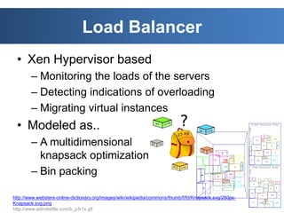 Load Balancer
 • Xen Hypervisor based
        – Monitoring the loads of the servers
        – Detecting indications of overloading
        – Migrating virtual instances
 • Modeled as..
        – A multidimensional
          knapsack optimization
        – Bin packing

http://www.websters-online-dictionary.org/images/wiki/wikipedia/commons/thumb/f/fd/Knapsack.svg/250px-
Knapsack.svg.png                                                                                         14
http://www.astrokettle.com/b_y3r1x.gif
 
