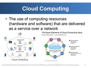 Cloud Computing
    • The use of computing resources
      (hardware and software) that are delivered
      as a service over a network




http://upload.wikimedia.org/wikipedia/commons/thumb/b/b5/Cloud_computing.svg/400px-Cloud_computing.svg.png   2
 