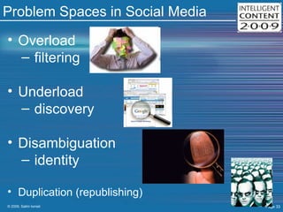 Problem Spaces in Social Media Overload filtering Underload discovery Disambiguation identity Duplication (republishing) 