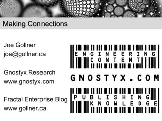 Making Connections

Joe Gollner
joe@gollner.ca

Gnostyx Research
www.gnostyx.com

Fractal Enterprise Blog
www.gollner.ca
 