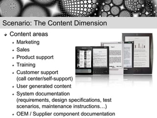 Scenario: The Content Dimension
  Content areas
    Marketing
    Sales
    Product support
    Training
    Customer support
    (call center/self-support)
    User generated content
    System documentation
    (requirements, design specifications, test
    scenarios, maintenance instructions…)
    OEM / Supplier component documentation
 