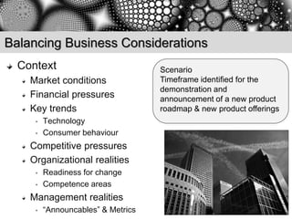 Balancing Business Considerations
  Context                           Scenario
    Market conditions               Timeframe identified for the
                                    demonstration and
    Financial pressures             announcement of a new product
    Key trends                      roadmap & new product offerings
     •   Technology
     •   Consumer behaviour
    Competitive pressures
    Organizational realities
     •   Readiness for change
     •   Competence areas
    Management realities
     •   “Announcables” & Metrics
 