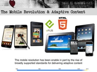 The Mobile Revolution & Adaptive Content




      The mobile resolution has been enable in part by the rise of
      broadly supported standards for delivering adaptive content

      1940                1960              1980             2000    2010
 