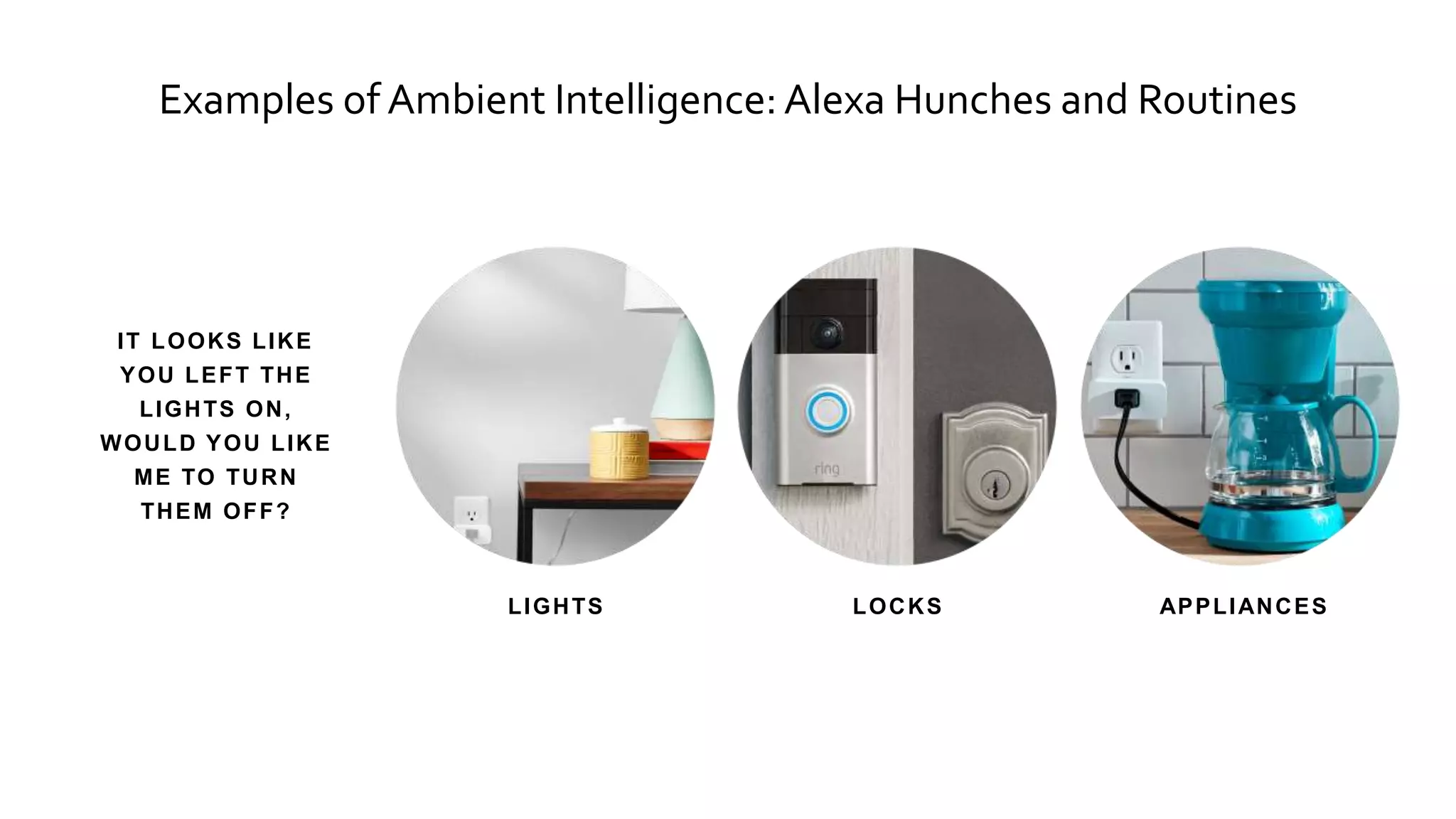 IT LOOKS LIKE
YOU LEFT THE
LIGHTS ON,
WOULD YOU LIKE
ME TO TURN
THEM OFF?
LIGHTS LOCKS APPLIANCES
Examples of Ambient Intelligence:Alexa Hunches and Routines
 