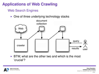 Denis Shestakov
Intelligent Web Crawling
WI-IAT’13, Atlanta, USA, 20.11.2013
14/98
Applications of Web Crawling
Web Search Engines
Google, Microsoft Bing, (Yahoo), Baidoo, Navier, Yandex,
Ask, ...
One of three underlying technology stacks
 