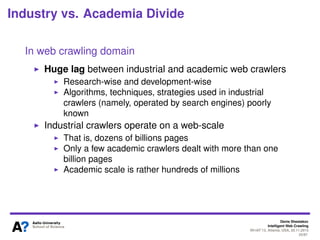 Denis Shestakov
Intelligent Web Crawling
WI-IAT’13, Atlanta, USA, 20.11.2013
25/98
Applications of Web Crawling
Web Mirroring
Copying of web sites
Hosting copies on different servers to ensure 24x7
accessibility
 