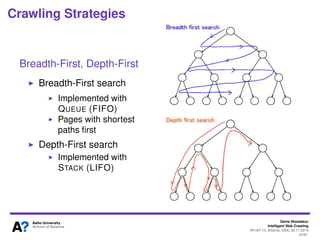 Denis Shestakov
Intelligent Web Crawling
WI-IAT’13, Atlanta, USA, 20.11.2013
42/98
Crawling Strategies
Download prioritization
Given a period, only a subset of web pages can be
downloaded
“Important” pages ﬁrst
Hence, need in prioritization
Ordering a queue of URLs to be visited
Strategies (ordering metrics)
Breadth-First, Depth-First
Backlink count
Best-First
PageRank
Shark-Search
 