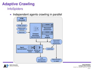 Denis Shestakov
Intelligent Web Crawling
WI-IAT’13, Atlanta, USA, 20.11.2013
52/98
Adaptive Crawling
Static vs. adaptive strategies
Strategies presented to this point are static
Not adjust in the course of the crawl
Adaptive (intelligent) crawling
InfoSpiders
Ant-based crawling
 