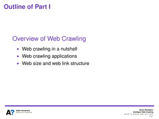 Denis Shestakov
Intelligent Web Crawling
WI-IAT’13, Atlanta, USA, 20.11.2013
6/98
PART I: OVERVIEW
Visualization of http://media.tkk.fi/webservices by aharef.info applet
 