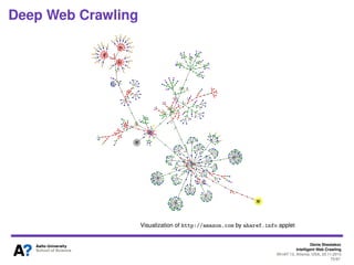 Denis Shestakov
Intelligent Web Crawling
WI-IAT’13, Atlanta, USA, 20.11.2013
75/98
Collaborative Crawling
Based on ’The architecture and implementation of an
extensible web crawler’ by Hsieh, Gribble, Levy, 2010
(illustrations on slides 61-62 from Hsieh’s slides)
E.g., 80legs provides similar crawling services
In a way, it is reconsidering pull/push model of content
delivery on the Web
 