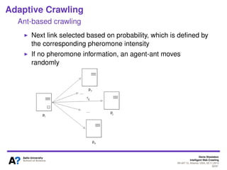 Denis Shestakov
Intelligent Web Crawling
WI-IAT’13, Atlanta, USA, 20.11.2013
59/98
Adaptive Crawling
Ant-based crawling
An...