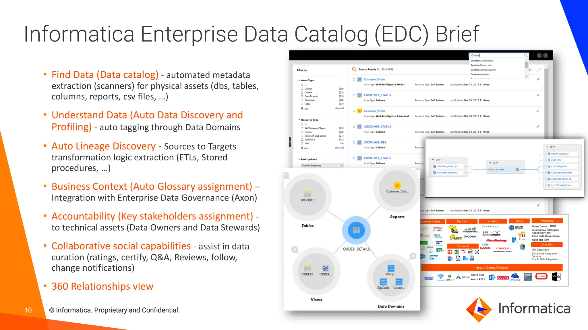 10 © Informatica. Proprietary and Confidential.
10 © Informatica. Proprietary and Confidential.
10 © Informatica. Proprietary and Confidential.
Informatica Enterprise Data Catalog (EDC) Brief
• Find Data (Data catalog) - automated metadata
extraction (scanners) for physical assets (dbs, tables,
columns, reports, csv files, …)
• Understand Data (Auto Data Discovery and
Profiling) - auto tagging through Data Domains
• Auto Lineage Discovery - Sources to Targets
transformation logic extraction (ETLs, Stored
procedures, …)
• Business Context (Auto Glossary assignment) –
Integration with Enterprise Data Governance (Axon)
• Accountability (Key stakeholders assignment) -
to technical assets (Data Owners and Data Stewards)
• Collaborative social capabilities - assist in data
curation (ratings, certify, Q&A, Reviews, follow,
change notifications)
• 360 Relationships view
 