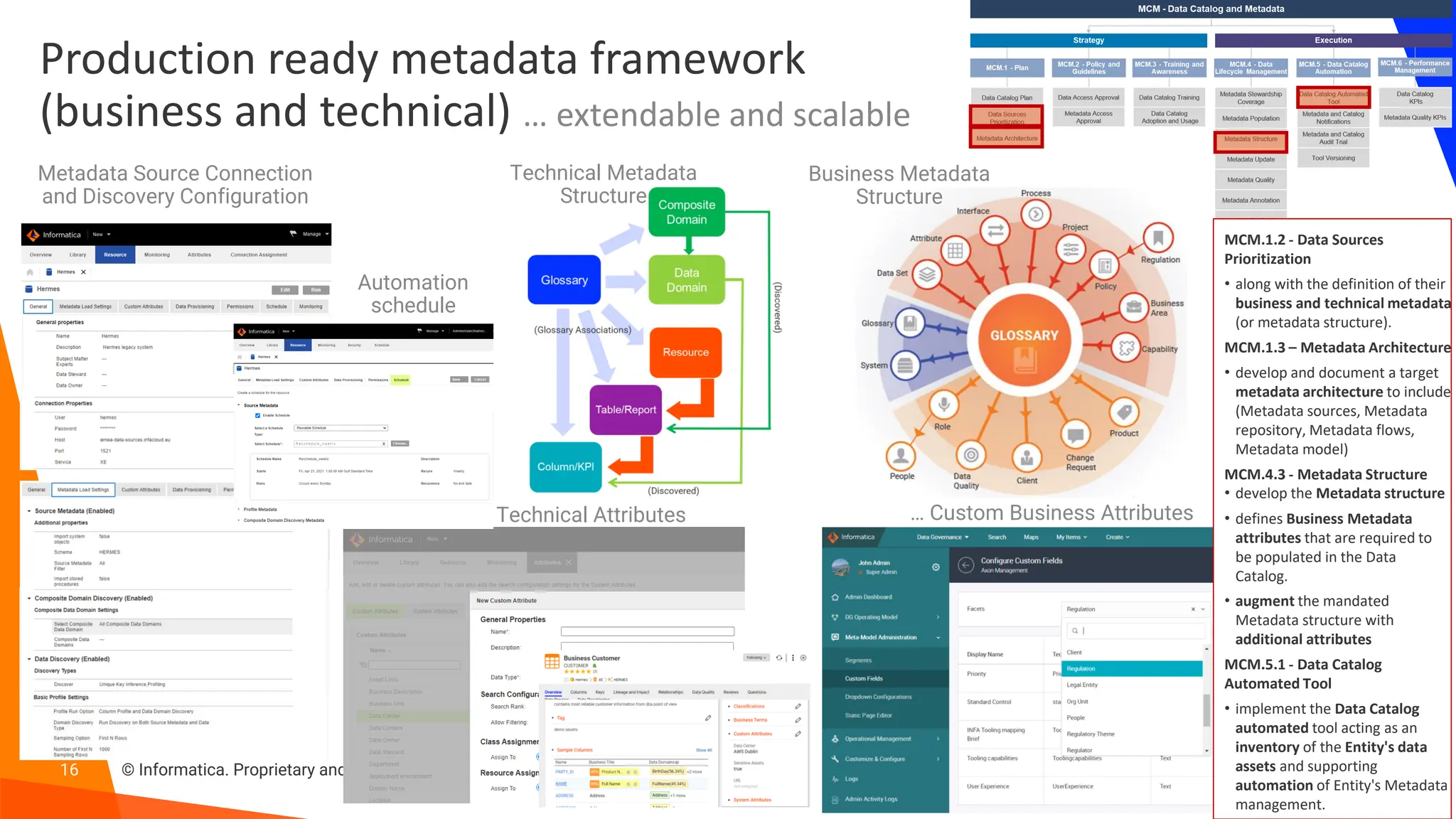 16 © Informatica. Proprietary and Confidential.
Production ready metadata framework
(business and technical) … extendable and scalable
Business Metadata
Structure
Technical Metadata
Structure
… Custom Business Attributes
… Custom Technical Attributes
MCM.1.2 - Data Sources
Prioritization
• along with the definition of their
business and technical metadata
(or metadata structure).
MCM.1.3 – Metadata Architecture
• develop and document a target
metadata architecture to include
(Metadata sources, Metadata
repository, Metadata flows,
Metadata model)
MCM.4.3 - Metadata Structure
• develop the Metadata structure
• defines Business Metadata
attributes that are required to
be populated in the Data
Catalog.
• augment the mandated
Metadata structure with
additional attributes
MCM.5.1 - Data Catalog
Automated Tool
• implement the Data Catalog
automated tool acting as an
inventory of the Entity's data
assets and supporting
automation of Entity's Metadata
management.
Metadata Source Connection
and Discovery Configuration
Automation
schedule
 