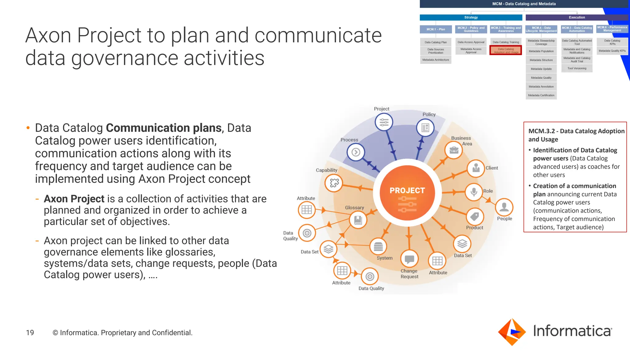 19 © Informatica. Proprietary and Confidential.
19
• Data Catalog Communication plans, Data
Catalog power users identification,
communication actions along with its
frequency and target audience can be
implemented using Axon Project concept
- Axon Project is a collection of activities that are
planned and organized in order to achieve a
particular set of objectives.
- Axon project can be linked to other data
governance elements like glossaries,
systems/data sets, change requests, people (Data
Catalog power users), ….
Axon Project to plan and communicate
data governance activities
MCM.3.2 - Data Catalog Adoption
and Usage
• Identification of Data Catalog
power users (Data Catalog
advanced users) as coaches for
other users
• Creation of a communication
plan announcing current Data
Catalog power users
(communication actions,
Frequency of communication
actions, Target audience)
 