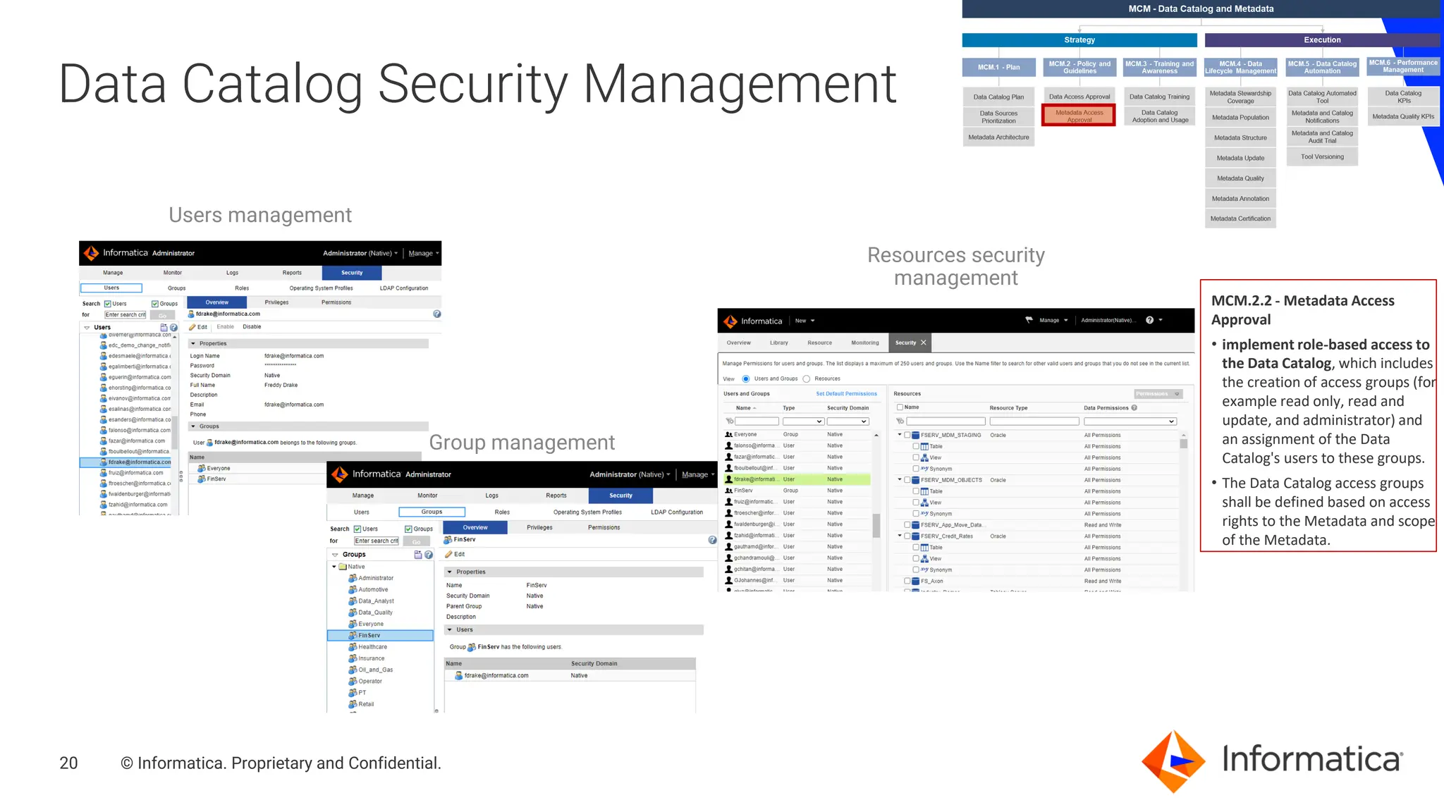 20 © Informatica. Proprietary and Confidential.
20
Data Catalog Security Management
Users management
Group management
Resources security
management
MCM.2.2 - Metadata Access
Approval
• implement role-based access to
the Data Catalog, which includes
the creation of access groups (for
example read only, read and
update, and administrator) and
an assignment of the Data
Catalog's users to these groups.
• The Data Catalog access groups
shall be defined based on access
rights to the Metadata and scope
of the Metadata.
 