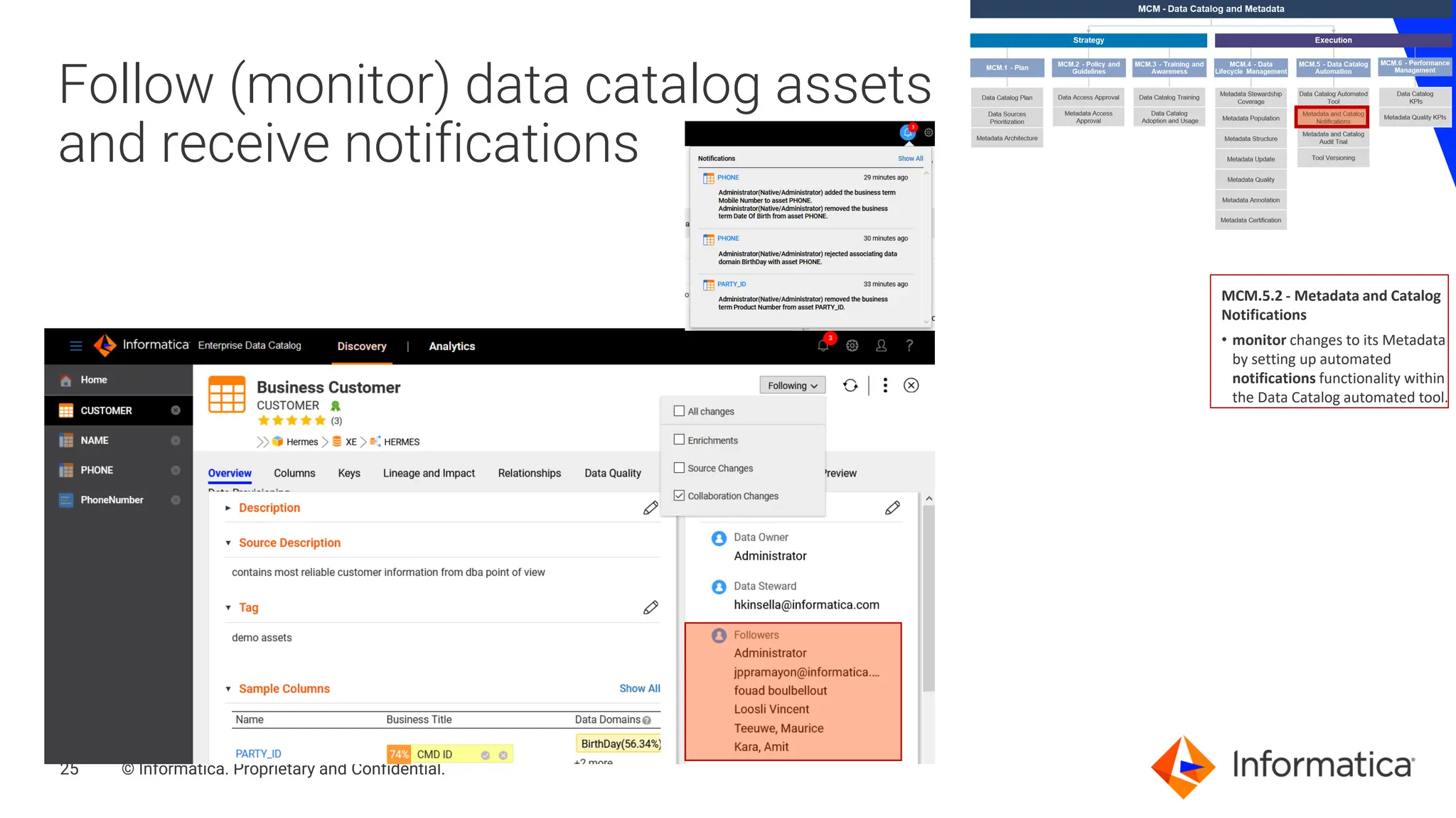 25 © Informatica. Proprietary and Confidential.
25
Follow (monitor) data catalog assets
and receive notifications
MCM.5.2 - Metadata and Catalog
Notifications
• monitor changes to its Metadata
by setting up automated
notifications functionality within
the Data Catalog automated tool.
 