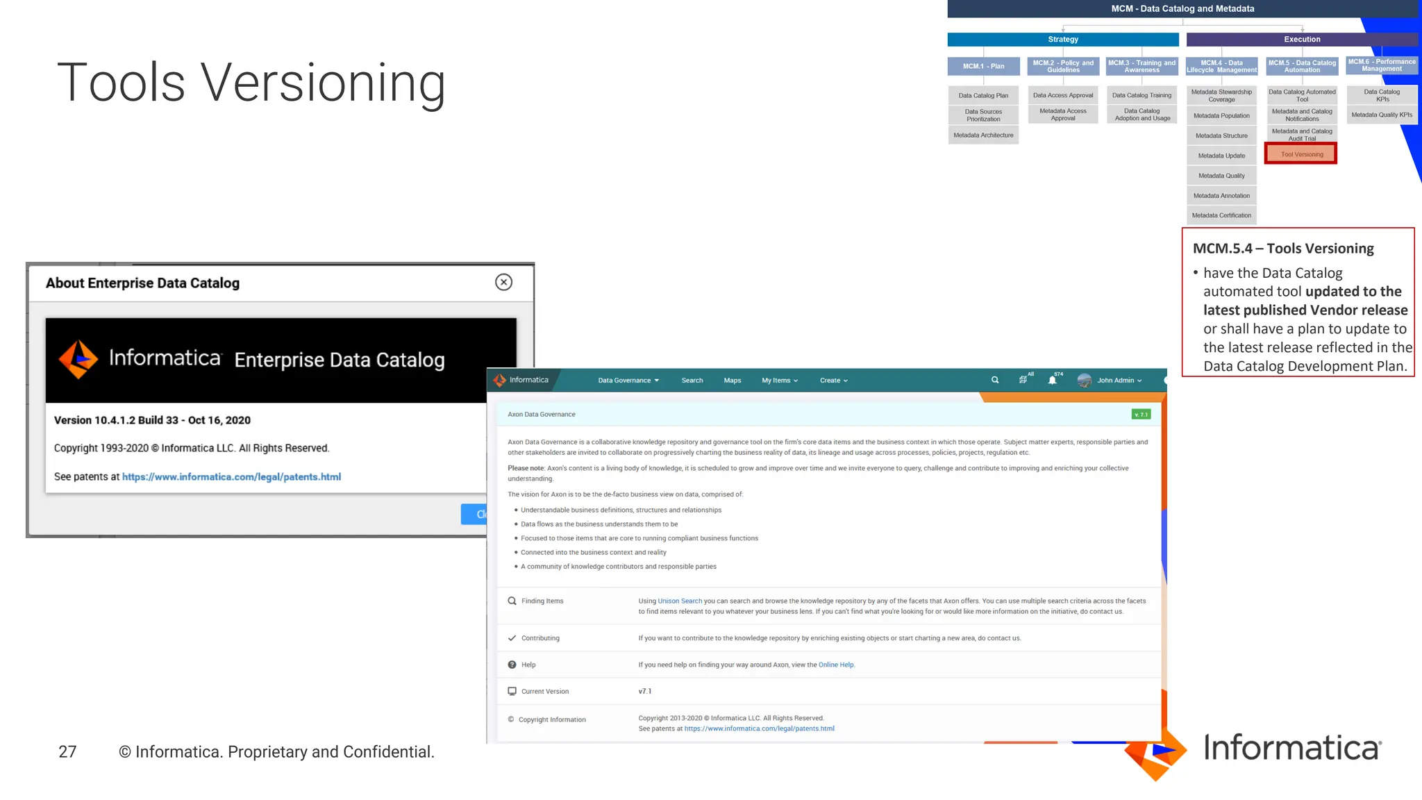 27 © Informatica. Proprietary and Confidential.
27
Tools Versioning
MCM.5.4 – Tools Versioning
• have the Data Catalog
automated tool updated to the
latest published Vendor release
or shall have a plan to update to
the latest release reflected in the
Data Catalog Development Plan.
 
