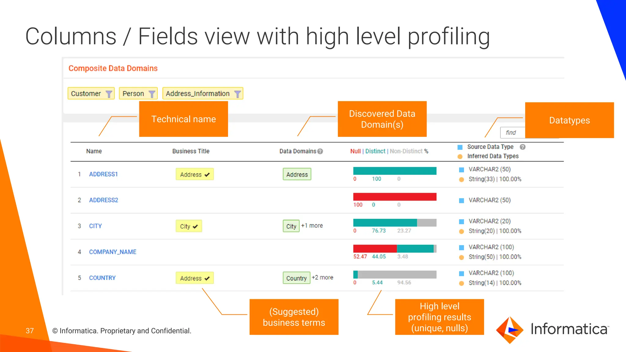 37 © Informatica. Proprietary and Confidential.
Columns / Fields view with high level profiling
Datatypes
High level
profiling results
(unique, nulls)
Discovered Data
Domain(s)
(Suggested)
business terms
Technical name
 