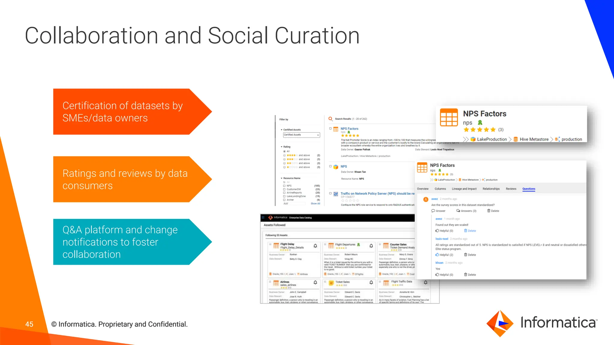 45 © Informatica. Proprietary and Confidential.
45 © Informatica. Proprietary and Confidential.
45 © Informatica. Proprietary and Confidential.
Collaboration and Social Curation
Certification of datasets by
SMEs/data owners
Q&A platform and change
notifications to foster
collaboration
Ratings and reviews by data
consumers
 