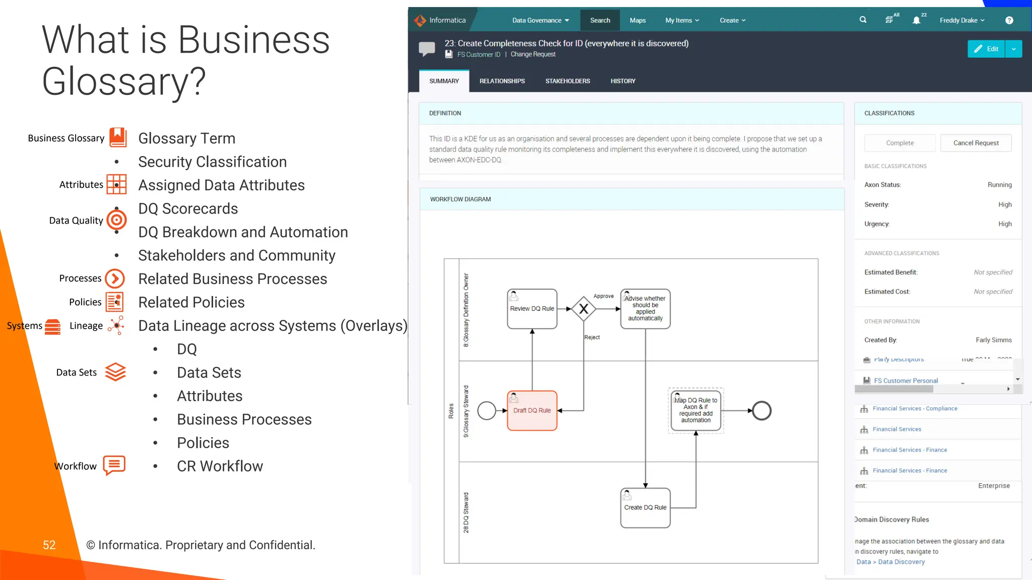 52 © Informatica. Proprietary and Confidential.
What is Business
Glossary?
• Glossary Term
• Security Classification
• Assigned Data Attributes
• DQ Scorecards
• DQ Breakdown and Automation
• Stakeholders and Community
• Related Business Processes
• Related Policies
• Data Lineage across Systems (Overlays)
• DQ
• Data Sets
• Attributes
• Business Processes
• Policies
• CR Workflow
Business Glossary
Data Sets
Attributes
Processes
Systems
Policies
Data Quality
Lineage
Workflow
 