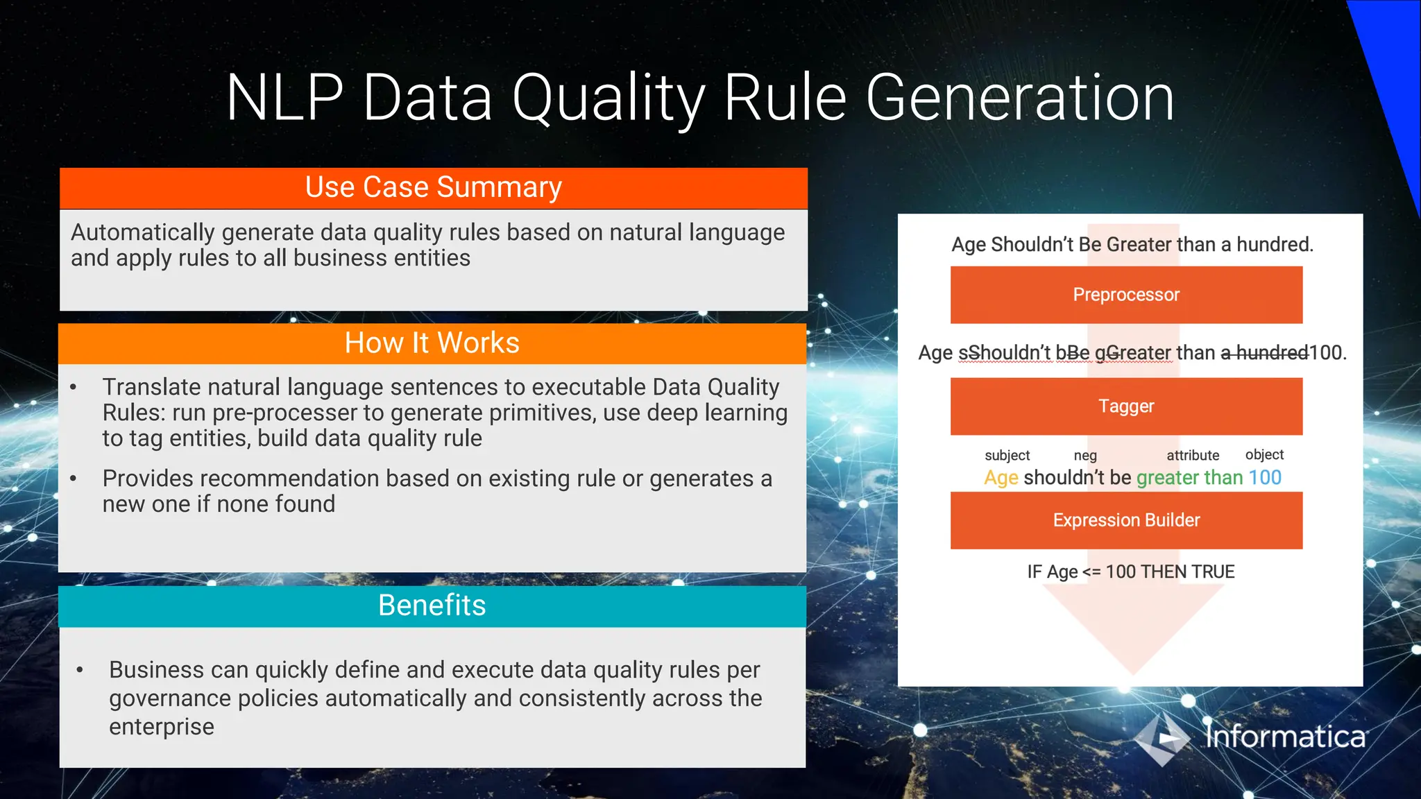 NLP Data Quality Rule Generation
How It Works
• Translate natural language sentences to executable Data Quality
Rules: run pre-processer to generate primitives, use deep learning
to tag entities, build data quality rule
• Provides recommendation based on existing rule or generates a
new one if none found
• Business can quickly define and execute data quality rules per
governance policies automatically and consistently across the
enterprise
Use Case Summary
Automatically generate data quality rules based on natural language
and apply rules to all business entities
Benefits
 