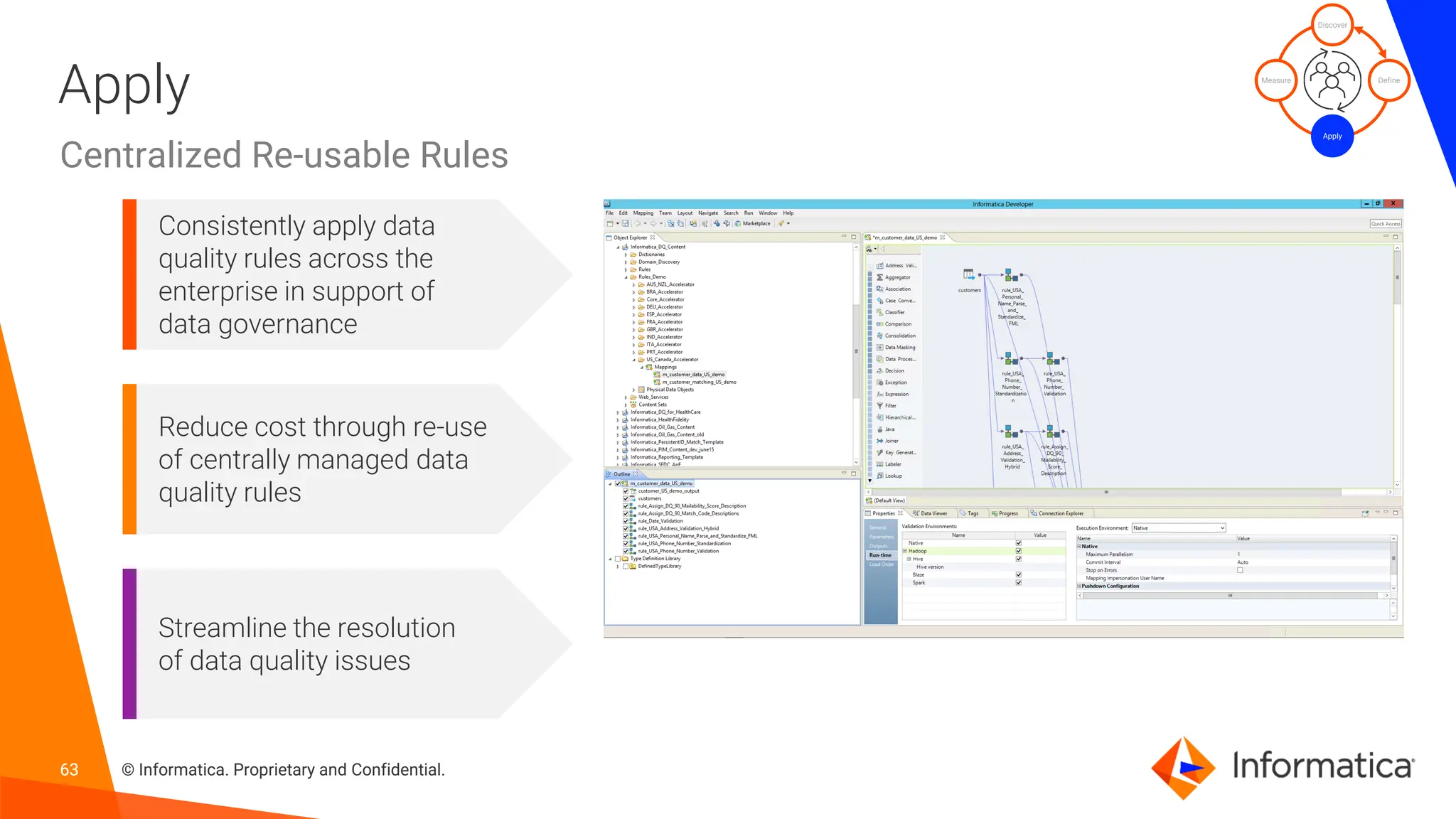 63 © Informatica. Proprietary and Confidential.
63
Apply
Centralized Re-usable Rules
Consistently apply data
quality rules across the
enterprise in support of
data governance
Reduce cost through re-use
of centrally managed data
quality rules
Streamline the resolution
of data quality issues
Discover
Define
Apply
Measure
 