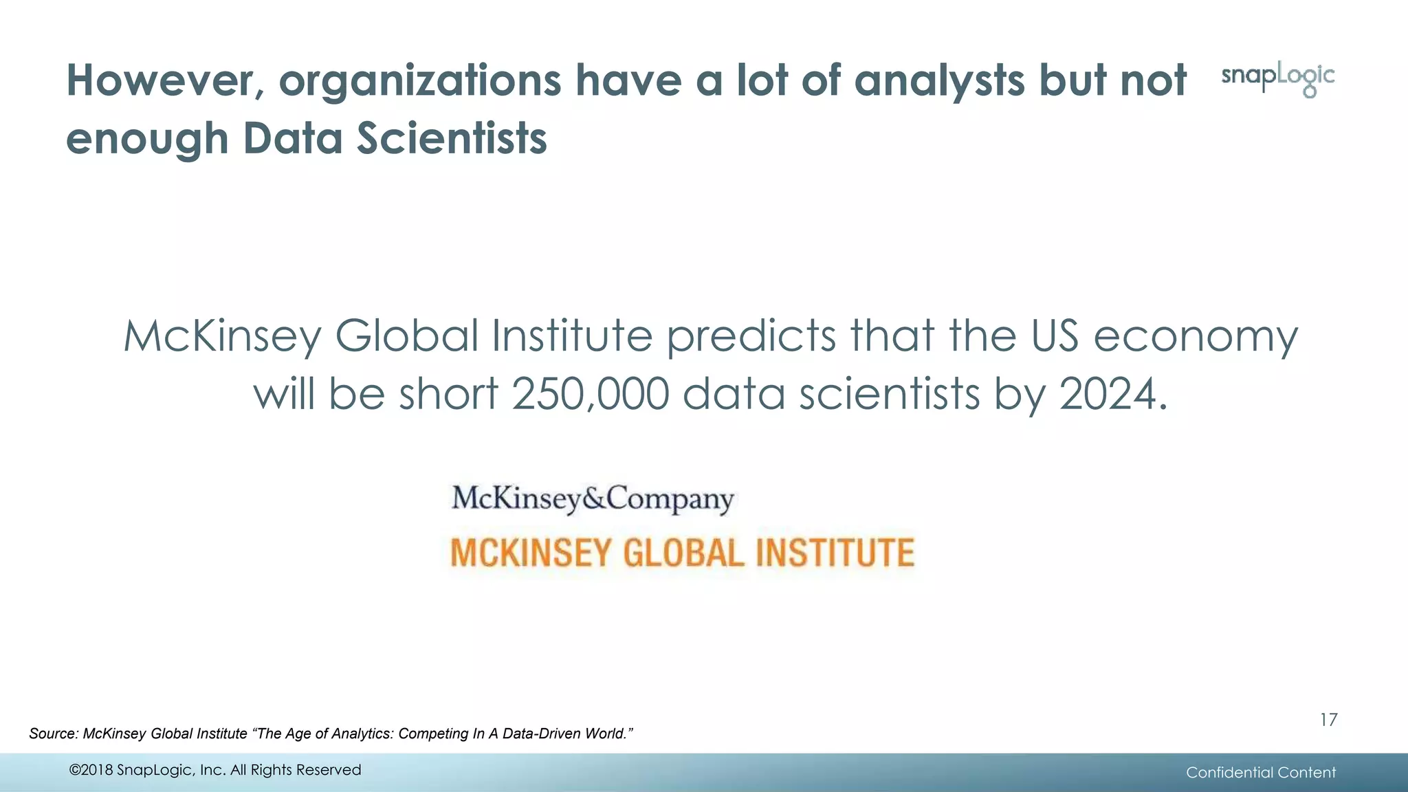 However, organizations have a lot of analysts but not
enough Data Scientists
17
McKinsey Global Institute predicts that the US economy
will be short 250,000 data scientists by 2024.
Source: McKinsey Global Institute “The Age of Analytics: Competing In A Data-Driven World.”
Confidential Content
17
©2018 SnapLogic, Inc. All Rights Reserved
 