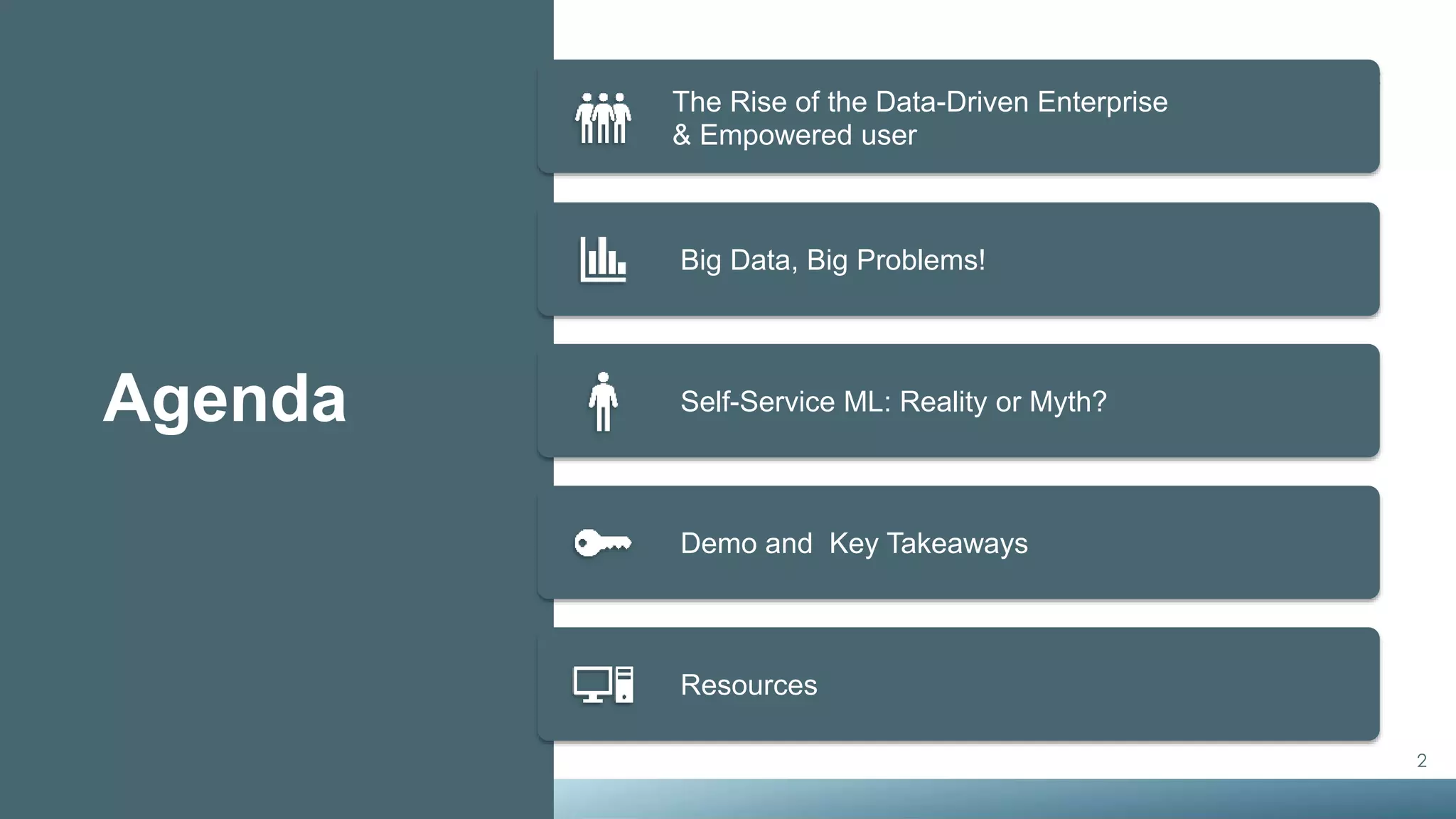 2
Agenda
The Rise of the Data-Driven Enterprise
& Empowered user
Big Data, Big Problems!
Self-Service ML: Reality or Myth?
Demo and Key Takeaways
Resources
 