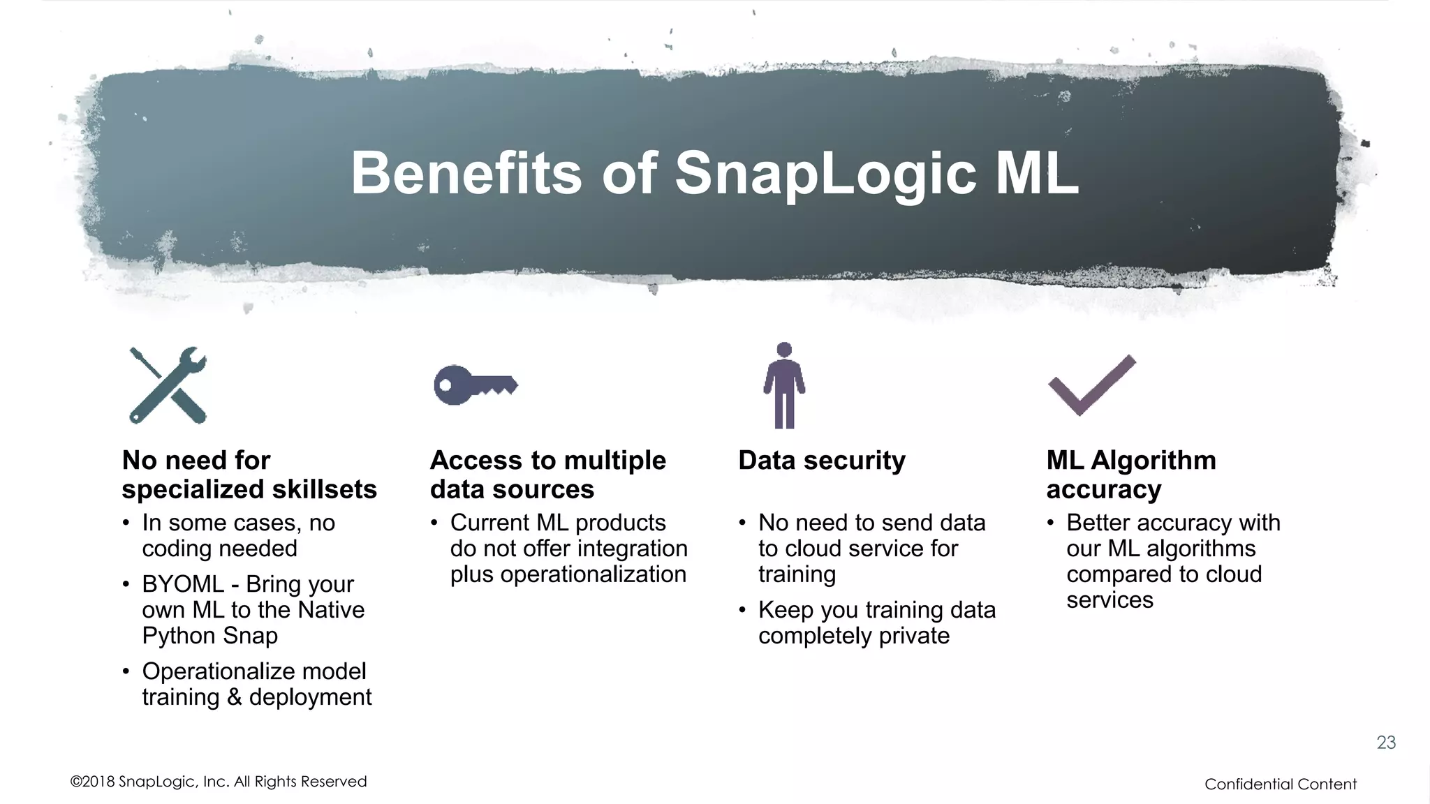 Benefits of SnapLogic ML
No need for
specialized skillsets
• In some cases, no
coding needed
• BYOML - Bring your
own ML to the Native
Python Snap
• Operationalize model
training & deployment
Access to multiple
data sources
• Current ML products
do not offer integration
plus operationalization
Data security
• No need to send data
to cloud service for
training
• Keep you training data
completely private
ML Algorithm
accuracy
• Better accuracy with
our ML algorithms
compared to cloud
services
Confidential Content
23
©2018 SnapLogic, Inc. All Rights Reserved
 