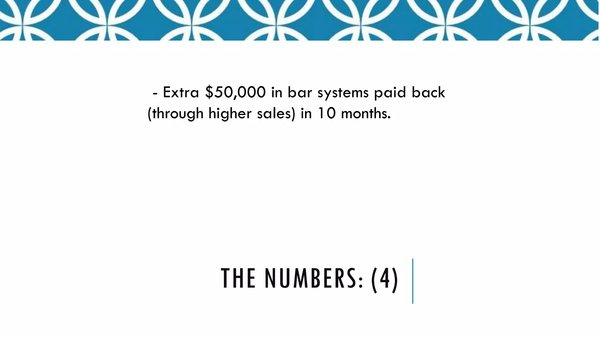 THE NUMBERS: (4)
- Extra $50,000 in bar systems paid back
(through higher sales) in 10 months.
 