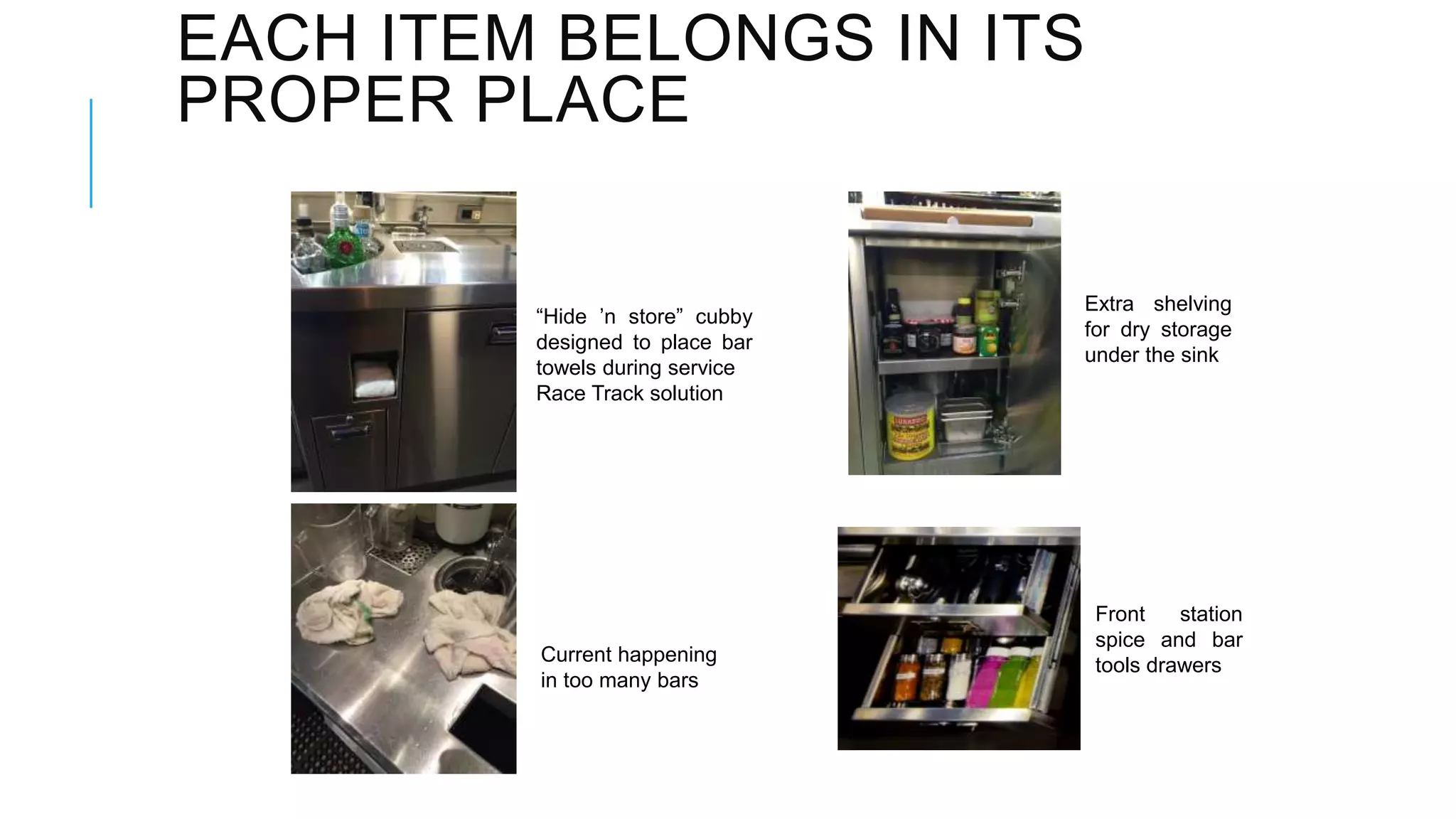 EACH ITEM BELONGS IN ITS
PROPER PLACE
“Hide ’n store” cubby
designed to place bar
towels during service
Race Track solution
Current happening
in too many bars
Extra shelving
for dry storage
under the sink
Front station
spice and bar
tools drawers
 