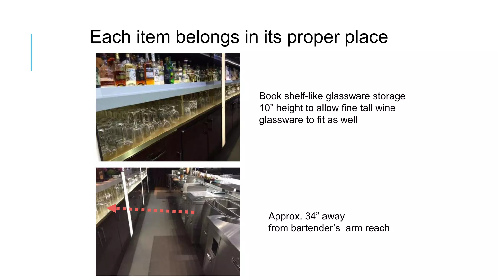 Each item belongs in its proper place
Book shelf-like glassware storage
10” height to allow fine tall wine
glassware to fit as well
Approx. 34” away
from bartender’s arm reach
 
