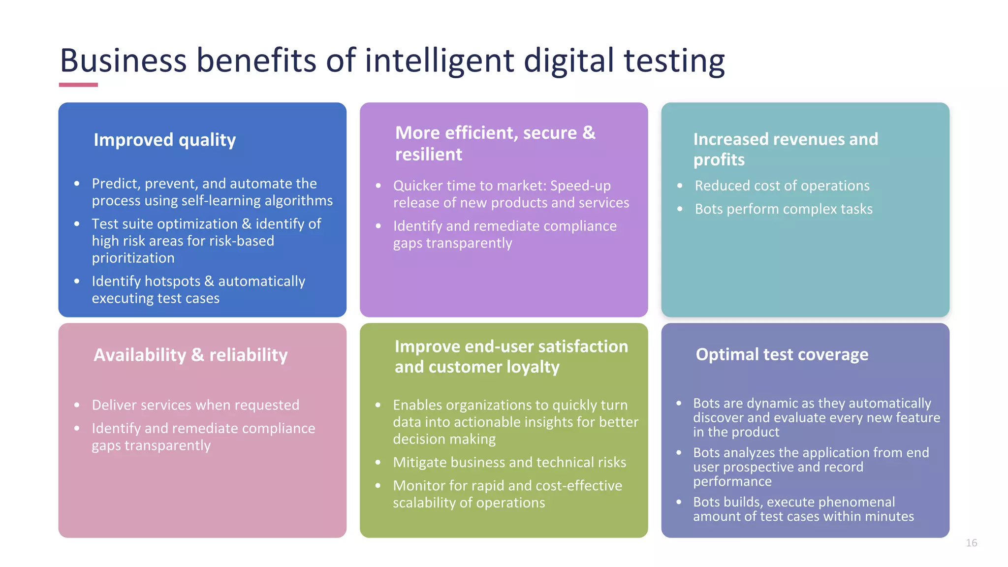 16
Business benefits of intelligent digital testing
• Predict, prevent, and automate the
process using self-learning algorithms
• Test suite optimization & identify of
high risk areas for risk-based
prioritization
• Identify hotspots & automatically
executing test cases
Improved quality
• Quicker time to market: Speed-up
release of new products and services
• Identify and remediate compliance
gaps transparently
More efficient, secure &
resilient
• Reduced cost of operations
• Bots perform complex tasks
Increased revenues and
profits
• Deliver services when requested
• Identify and remediate compliance
gaps transparently
Availability & reliability
• Enables organizations to quickly turn
data into actionable insights for better
decision making
• Mitigate business and technical risks
• Monitor for rapid and cost-effective
scalability of operations
Improve end-user satisfaction
and customer loyalty
• Bots are dynamic as they automatically
discover and evaluate every new feature
in the product
• Bots analyzes the application from end
user prospective and record
performance
• Bots builds, execute phenomenal
amount of test cases within minutes
Optimal test coverage
 