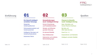 Einführung 01 02 03 Quellen
2
Seite 3-6
Chancen im Zukunfts-
markt 'Intelligent Driving
Apps, Wearables und
Human-Machine-Interfaces
Big Data und
After-Sales-Services
Smart Car + X
Kooperationen und Standards
Intelligent vernetzte Mobilität
Herausforderungen
durch 'Intelligent Driving'
Kürzere Entwicklungs-
und Produktlebenszyklen
Weniger und effizienter
genutzte Fahrzeuge
On-demand-Mobilität
Neue Wettbewerber
Datenschutz und rechtliche
Rahmenbedingungen
Die Zukunft intelligent
vernetzter Fahrzeuge
Steigendes
Verkehrsaufkommen
Fahrerassistenzsysteme und
Verkehrssicherheit
Intelligente Fahrzeuge und
Verkehrsinfrastrukturen
Autonomes Fahren
Seite 7-15 Seite 16-20 Seite 21-33 Seite 34-35
 