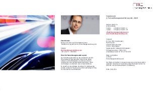 www.FutureManagementGroup.com
Hier Promoter-Bild einfügen
Hier Promoter-Teaser einfügen
und an jeweiligen Senior anpassen
Hier Impressum-Block einfügen
und ISSN-Nr. anpassen
Enno Däneke
Partner und Leiter des FutureMarkets-Center
'Mobilität und Logistik' bei der FutureManagementGroup AG
Kontakt:
ED@FutureManagementGroup.com
+49 - (0)173 – 34 69 840
Über die FutureManagementGroup AG
Die FutureManagementGroup AG unterstützt seit 1991
Führungsteams internationaler Unternehmen dabei,
Chancen in Zukunftsmärkten zu erkennen und eine
motivierende und zukunftsrobuste Ausrichtung, Vision
und Strategie zu entwickeln und zu implementieren.
So schafft sie die wichtigste Grundlage für Wettbewerbs-
vorteile, wirksame Führung und großen nachhaltigen Erfolg
für Unternehmen und Mitarbeiter.
Impressum
© FutureManagementGroup AG, 2015
Wallufer Straße 3a
D-65343 Eltville
Telefon: +49 (0)6123 60109 – 0
Telefax: +49 (0)6123 60109 - 29
office@futuremanagementgroup.com
www.FutureManagementGroup.com
Vorstand:
Dr. Pero Mićić (Vorsitzender),
Martin Ruesch
Aufsichtsratsvorsitzender:
Prof. Dr. Peter Mettler
Registergericht: Amtsgericht Wiesbaden
Eintragungsnummer: HRB 17918
Umsatzsteuer-Ident.-Nr: DE 227 644 650
Bilder und Grafiken
© iStock
FutureManagementGroup AG
Die Bilder und Grafiken in diesem Dokument sind urheberrechtlich
geschützt. Bei weiterer Verwendung dieser Materialien setzen Sie
sich bitte mit dem Rechteinhaber in Verbindung.
ISSN: 2363-6734
 
