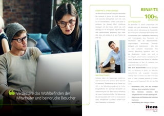 LICHTQUALITÄT
Die Büroarbeit ist optisch anspruchsvoll und
erfordert eine gute Beleuchtung für maximalen
Komfort und zur Unterstützung der Produktivität.
Die am häufigsten auftretenden Beschwerden einer
unzureichenden oder ungeeigneten Beleuchtung
sind: Schwierigkeiten beim Durchsehen von
Dokumenten oder bei Bildschirmarbeiten,
Augenmüdigkeit, Sehstörungen, Schwindel,
Müdigkeit und Kopfschmerzen - alles führt
zu einer schlechten Konzentration. Eine
schlechte Beleuchtung beeinflusst nicht nur
das Okularsystem, sondern kann auch zu
Halssteifigkeit und Schmerzen im Schulter-Bereich
führen, da Menschen beim Versuch in schlechten
Lichtbedingungen zu lesen oft unbewusst eine
ungeschickte Haltung einnehmen.
EINE GUTE BELEUCHTUNG bedeutet genügend
Licht zur Verfügung zu stellen, um gedruckte,
handschriftliche oder angezeigte Dokumente
eindeutig lesen zu können und dabei nicht durch
einen zu hohen Lichtpegel geblendet zu werden.
Eine gute visuelle Umgebung im Büro wird wie folgt
erzielt:
•	 Ausreichend Licht, von der richtigen
Richtung ohne verdunkelte Schatten
•	 Gute Kontraste zwischen dem
Aufgabenbereich und dem Hintergrund
•	 Begrenzung von Blendung und extremen
Kontrasten
•	 Bereitstellung der richtigen Lichtart
Verbessere das Wohlbefinden der
Mitarbeiter und beindrucke Besucher
BENEFITS
100%
EFFECTIVE
KOMFORT & STIMULIERUNG
Die Beleuchtung wurde ein integraler Bestandteil
des Ambiente in Büros. Sie erfüllt Menschen
und unterstützt dahingehend, vom Licht nicht
nur im Geschäftsleben, sondern auch privat zu
profitieren. Die “Modern Office” Lichtlösung
interagiert mit dem Raum, dimmt das Licht
abhängig von der verfügbaren Tagenlichtmenge
oder vorherrschender Bewegung nach unten
oder oben und schaltes es je nach Präsenz ein
oder aus.
NACHHALTIGKEIT
Weltweit haben sich Regierungen verpflichtet,
CO2-Emissionen in den nächsten Jahren drastisch
zu reduzieren. Zweifelsohne ist der Einsatz von
LEDs in der Beleuchtung aufgrund der hohen
Energieeffizienz ein wichtiger Bestandteil zur
Verbesserung der CO2- Bilanz und zur Einhaltung
der neuen Umweltvorschriften. Die Reduzierung
des CO2 Haushaltes hilft nicht nur Unternehmen
dabei, Energiekosten zu senken, sondern auch
deren Reputation zu verbessern.
 