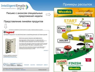 Примеры рассылок
Письмо с анонсом специальных
предложений недели
Представление линейки продуктов
 