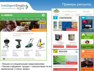 - Письмо со специальными предложениями
- Письмо в формате: продукт + консультация по его
применению ( статья, видео)
Примеры рассылок
 