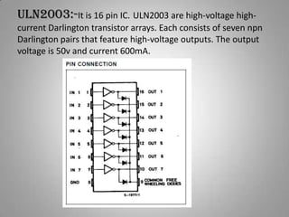 ULN2003:-It is 16 pin IC. ULN2003 are high-voltage high-
current Darlington transistor arrays. Each consists of seven npn
Darlington pairs that feature high-voltage outputs. The output
voltage is 50v and current 600mA.
 