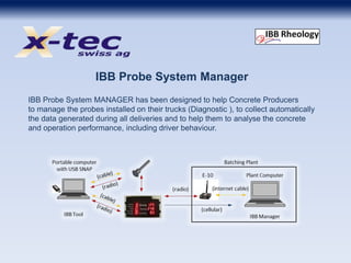 IBB Probe System Manager
IBB Probe System MANAGER has been designed to help Concrete Producers
to manage the probes installed on their trucks (Diagnostic ), to collect automatically
the data generated during all deliveries and to help them to analyse the concrete
and operation performance, including driver behaviour.
 