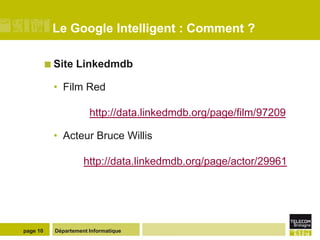 Le Google Intelligent : Comment ?

           Site   Linkedmdb

           • Film Red

                        http://data.linkedmdb.org/page/film/97209

           • Acteur Bruce Willis

                      http://data.linkedmdb.org/page/actor/29961




page 10     Département Informatique
 