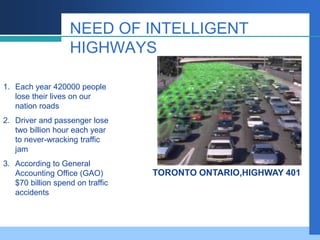 NEED OF INTELLIGENT
HIGHWAYS
TORONTO ONTARIO,HIGHWAY 401
1. Each year 420000 people
lose their lives on our
nation roads
2. Driver and passenger lose
two billion hour each year
to never-wracking traffic
jam
3. According to General
Accounting Office (GAO)
$70 billion spend on traffic
accidents
 