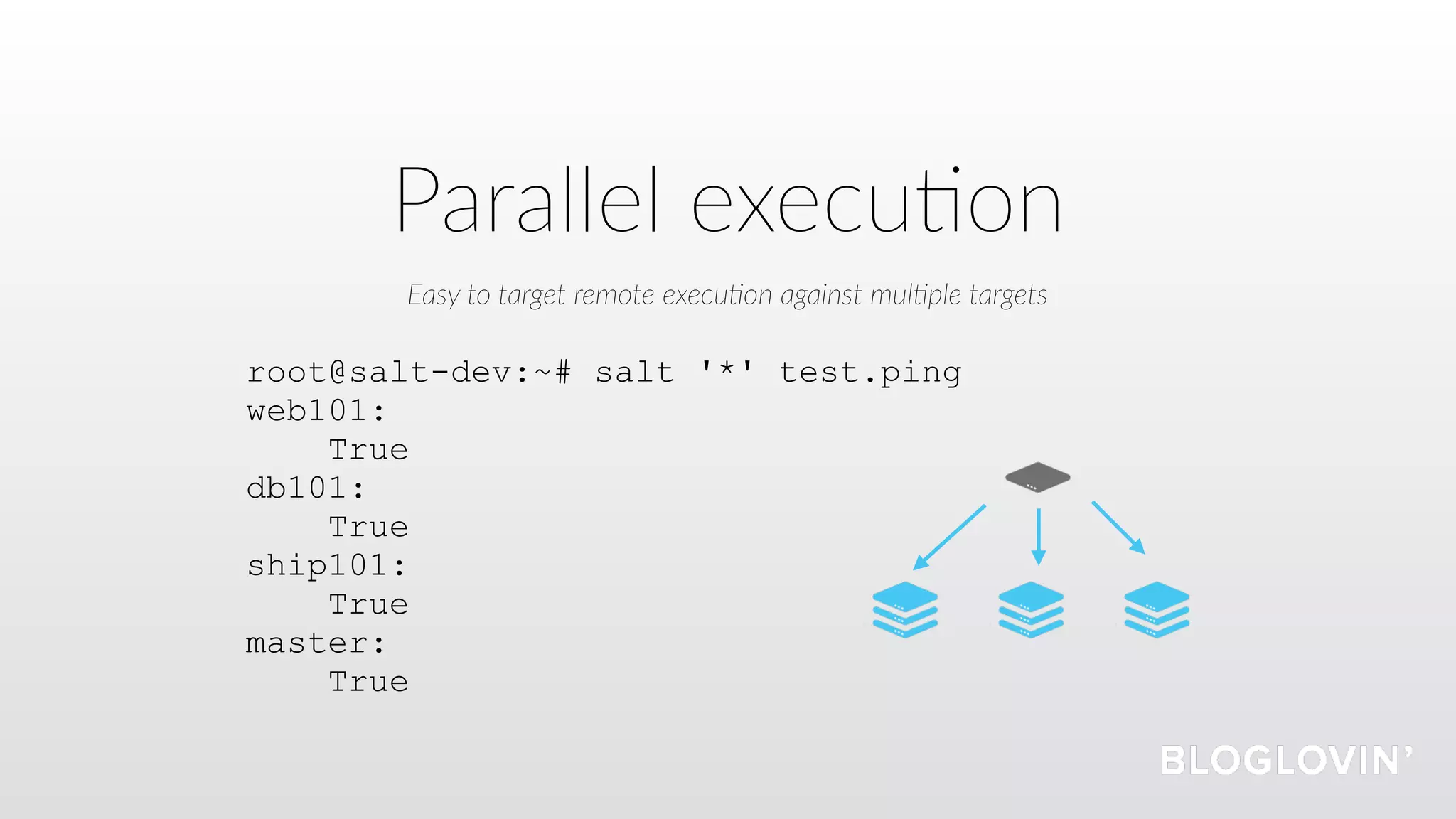 Parallel execu=on
root@salt-dev:~# salt '*' test.ping
web101:
True
db101:
True
ship101:
True
master:
True
Easy to target remote execu5on against mul5ple targets
 