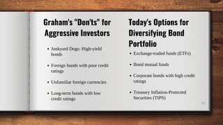 Junkyard Dogs: High-yield
bonds
Foreign bonds with poor credit
ratings
Unfamiliar foreign currencies
Long-term bonds with low
credit ratings
13
Graham's "Don'ts" for
Aggressive Investors
Exchange-traded funds (ETFs)
Bond mutual funds
Corporate bonds with high credit
ratings
Treasury Inflation-Protected
Securities (TIPS)
Today's Options for
Diversifying Bond
Portfolio
 