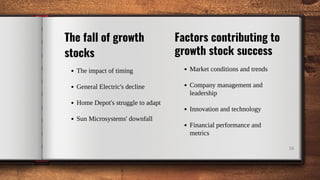 The impact of timing
General Electric's decline
Home Depot's struggle to adapt
Sun Microsystems' downfall
16
The fall of growth
stocks
Market conditions and trends
Company management and
leadership
Innovation and technology
Financial performance and
metrics
Factors contributing to
growth stock success
 