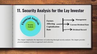F
i
n
a
ncial Ana
l
y
s
i
s
Security
Analysis
27
11. Security Analysis for the Lay Investor
This chapter emphasizes the importance of conducting thorough security analysis. The chapter provides
practical guidance on how to approach stock selection.
Management
Factors
Affecting
Capitalization
Rate Dividend Record
Current Dividend Rate
 